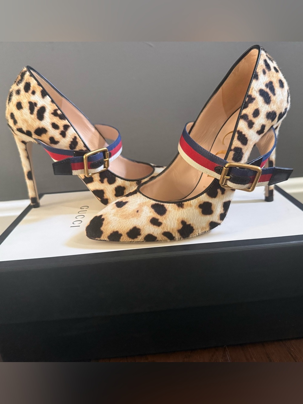 Authentic Gucci Sylvie Web Accent Ponyhair Pumps. Size 36.5